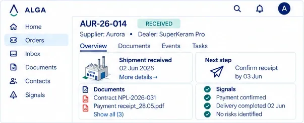Order AUR-26-014: received, supplier Aurora, dealer SuperKeram Pro, documents, signals and next step.