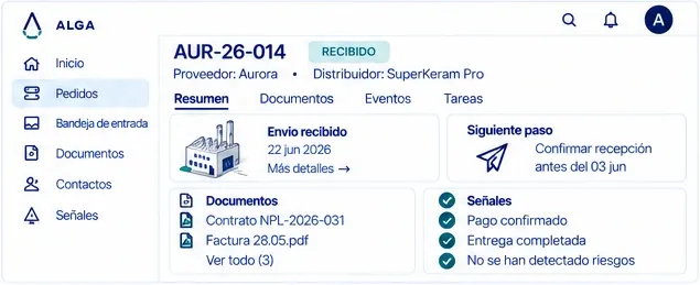 Pedido AUR-26-014: recibido, proveedor Aurora, distribuidor SuperKeram Pro, documentos, señales y siguiente paso.