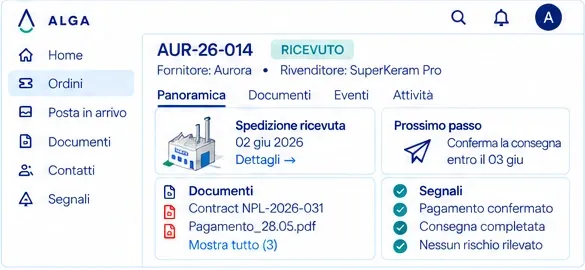 Ordine AUR-26-014: ricevuto, fornitore Aurora, rivenditore SuperKeram Pro, documenti, segnali e prossimo passo.