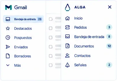 Gmail con el panel de ALGA: pedidos, bandeja de entrada, documentos, contactos y señales.