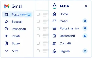 Gmail con il pannello ALGA: ordini, posta in arrivo, documenti, contatti e segnali.